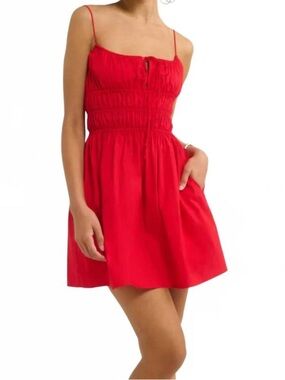 Red/pink Spaghetti Strap Smocked Waist mini dress with shorts built in